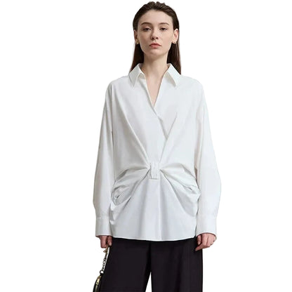 Elegant Long Sleeve Bow V-Neck Blouse - AMII Pleated Casual Top