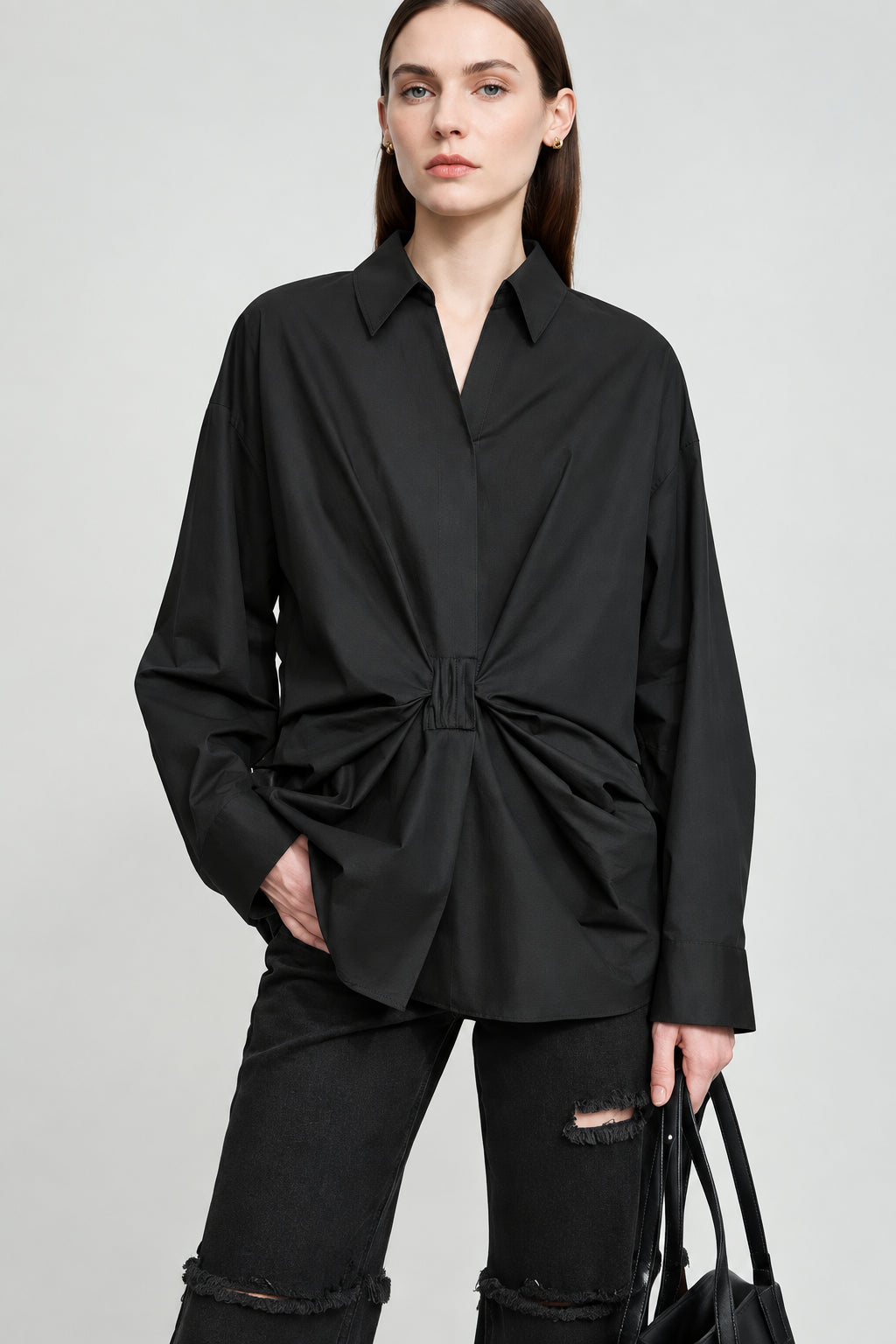 Elegant Long Sleeve Bow V-Neck Blouse - AMII Pleated Casual Top